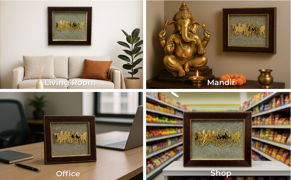 Seven Running Horses Pyrite Dust Frame Certified | For Attracting Wealth, Money & Protection | Vastu & Feng Shui Decor for Home & Office