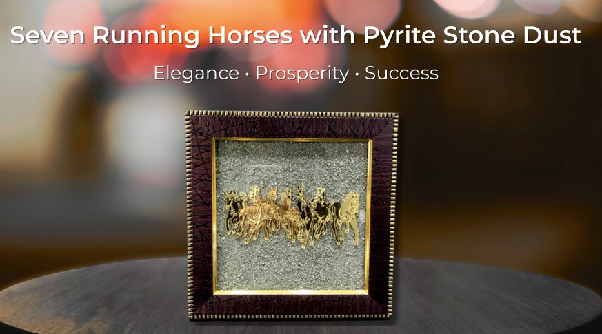 Seven Running Horses Pyrite Dust Frame Certified | For Attracting Wealth, Money & Protection | Vastu & Feng Shui Decor for Home & Office