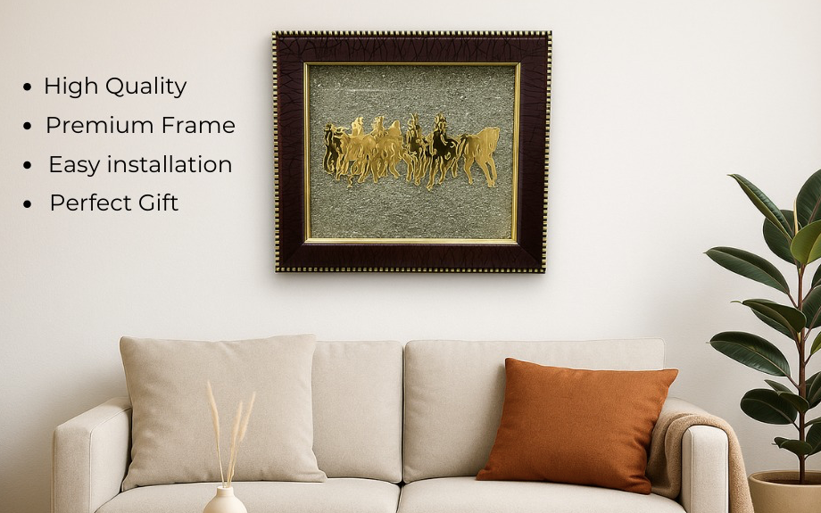 Seven Running Horses Pyrite Dust Frame Certified | For Attracting Wealth, Money & Protection | Vastu & Feng Shui Decor for Home & Office