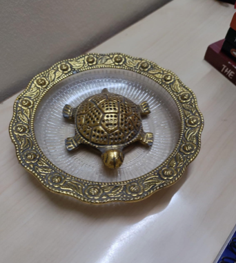 Metal Feng Shui Golden Tortoise on Glass Plate - 5.5 inches Turtle Showpiece for Good Luck Vastu