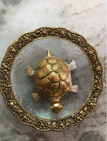Metal Feng Shui Golden Tortoise on Glass Plate - 5.5 inches Turtle Showpiece for Good Luck Vastu