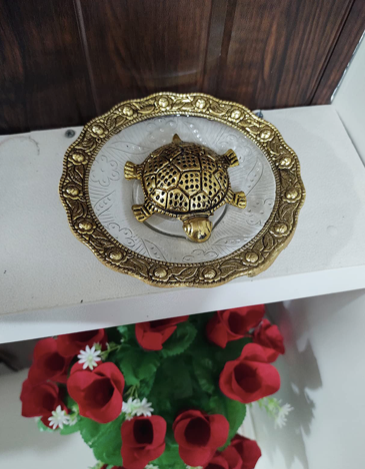 Metal Feng Shui Golden Tortoise on Glass Plate - 5.5 inches Turtle Showpiece for Good Luck Vastu