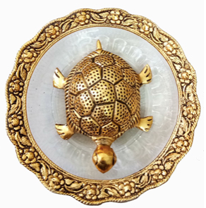 Metal Feng Shui Golden Tortoise on Glass Plate - 5.5 inches Turtle Showpiece for Good Luck Vastu