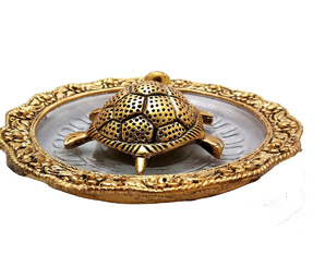 Metal Feng Shui Golden Tortoise on Glass Plate - 5.5 inches Turtle Showpiece for Good Luck Vastu