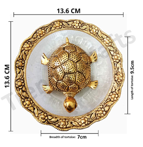 Metal Feng Shui Golden Tortoise on Glass Plate - 5.5 inches Turtle Showpiece for Good Luck Vastu